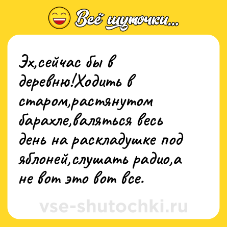 Шутка: Эх,сейчас бы в деревню!Ходить в старом,растянутом барахле,валяться весь день на раскладушке под яблоней,слушать радио,а не вот это вот все.