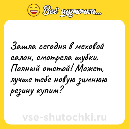 Шутка: Зашла сегодня в меховой салон, смотрела шубки. Полный отстой! Может, лучше тебе новую зимнюю резину купим?