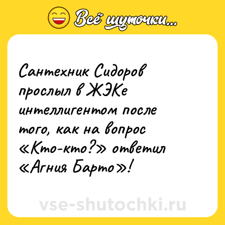Шутка: Сантехник Сидоров прослыл в ЖЭКе интеллигентом после того, как на вопрос «Кто-кто?» ответил «Агния Барто»!