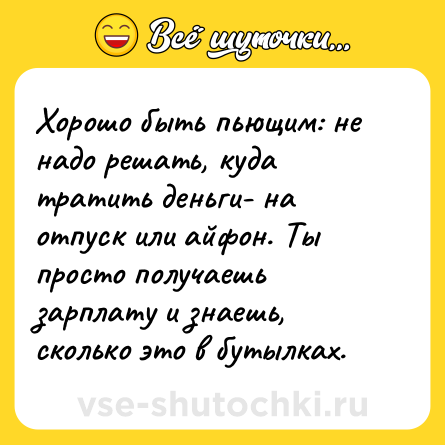 Шутка: Хорошо быть пьющим: не надо решать, куда тратить деньги- на отпуск или айфон. Ты просто получаешь зарплату и знаешь, сколько это в бутылках.