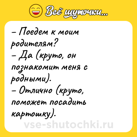 Шутка: – Поедем к моим родителям?<br>– Да (круто, он познакомит меня с родными).<br>– Отлично (круто, поможет посадить картошку).