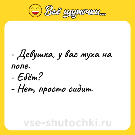 Шутка: - Девушка, у вас муха на попе.<br>- Ебёт?<br>- Нет, просто сидит.
