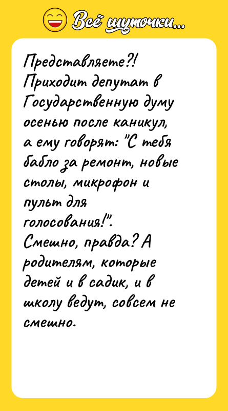 Представляете?! Приходит депутат в Государственную думу осенью после каникул, а