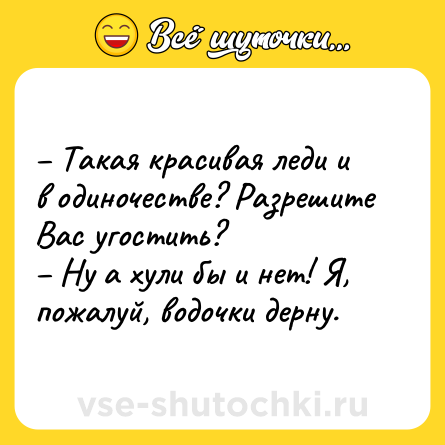 Шутка: – Такая красивая леди и в одиночестве? Разрешите Вас угостить? <br>– Ну а хули бы и нет! Я, пожалуй, водочки дерну.