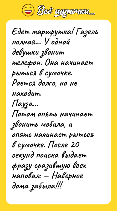 Едет маршрутка! Газель полная... У одной девушки звонит телефон. Она