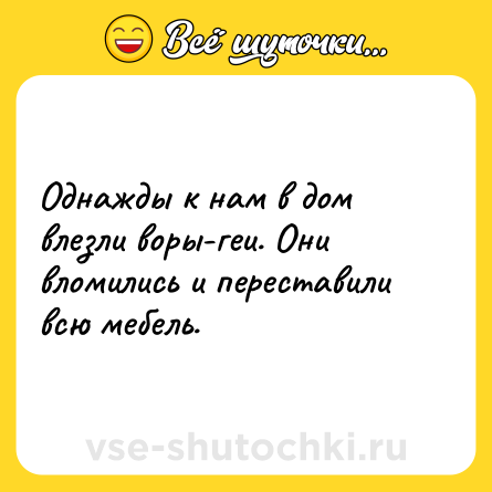 Шутка: Однажды к нам в дом влезли воры-геи. Они вломились и переставили всю мебель.