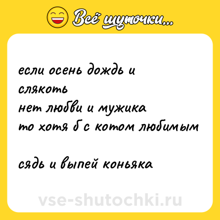 Шутка: если осень дождь и слякоть <br>нет любви и мужика <br>то хотя б с котом любимым <br>сядь и выпей коньяка