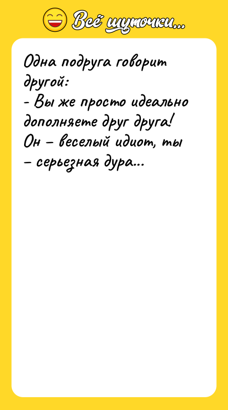 Одна подруга говорит другой:  - Вы же просто идеально