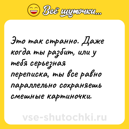 Шутка: Это так странно. Даже когда ты разбит, или у тебя серьезная переписка, ты все равно параллельно сохраняешь смешные картиночки.