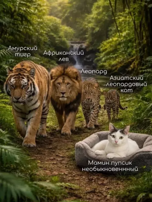 Когда ты самый главный в семье 🐈👑 - Амурский тигр, Африканский лев, Леопард, Азиатский леопардовый кот, Мамин пупсик