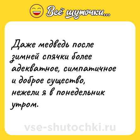 Шутка: Даже медведь после зимней спячки более адекватное, симпатичное и доброе существо, нежели я в понедельник утром.