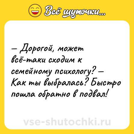 Шутка: — Дорогой, может всё-таки сходим к семейному психологу? — Как ты выбралась? Быстро пошла обратно в подвал!