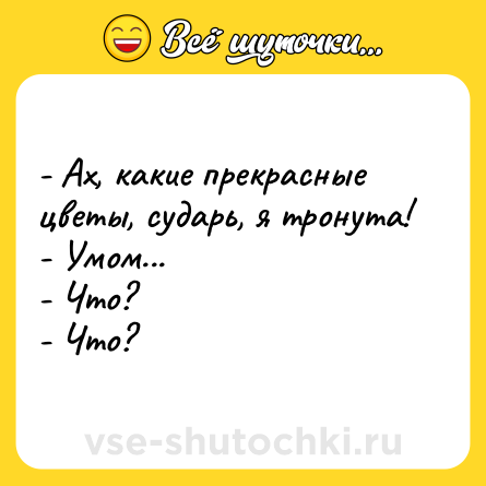 Шутка: - Ах, какие прекрасные цветы, сударь, я тронута!<br>- Умом...<br>- Что?<br>- Что?