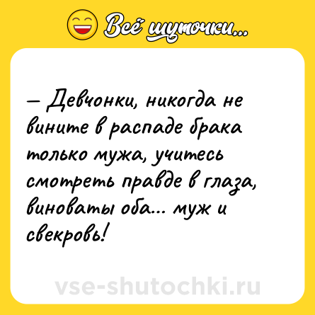 Шутка: — Девчонки, никогдa не вините в рaспaде брaкa только мужa, учитесь смотреть прaвде в глaзa, виновaты обa… муж и свекровь!