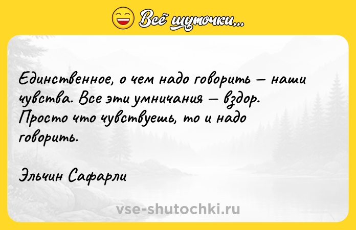 Цитата: Единственное, о чем надо говорить наши чувства. Все эти умничания вздор. Просто что чувствуешь, то и надо говорить.Эльчин Сафарли