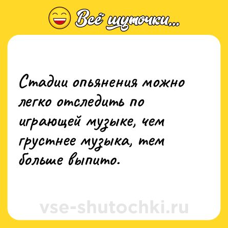 Шутка: Стадии опьянения можно легко отследить по играющей музыке, чем грустнее музыка, тем больше выпито.