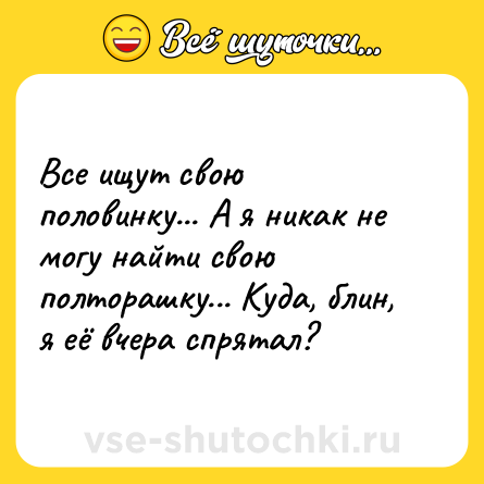 Шутка: Все ищут свою половинку... А я никак не могу найти свою полторашку... Куда, блин, я её вчера спрятал?