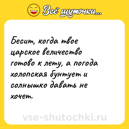 Шутка: Бесит, когда твое царское величество готово к лету, а погода холопская бунтует и солнышко давать не хочет.