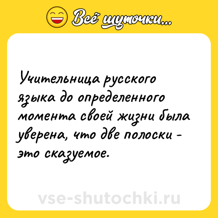Шутка: Учительница русского языка до определенного момента своей жизни была уверена, что две полоски - это сказуемое.