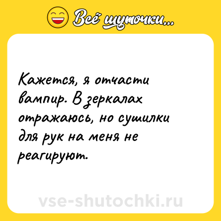 Шутка: Кажется, я отчасти вампир. В зеркалах отражаюсь, но сушилки для рук на меня не реагируют.