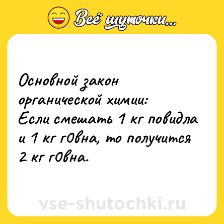 Шутка: Основной закон органической химии: <br>Если смешать 1 кг повидла и 1 кг г0вна, то получится 2 кг г0вна.
