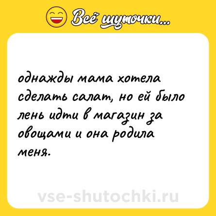 Шутка: однажды мама хотела сделать салат, но ей было лень идти в магазин за овощами и она родила меня.