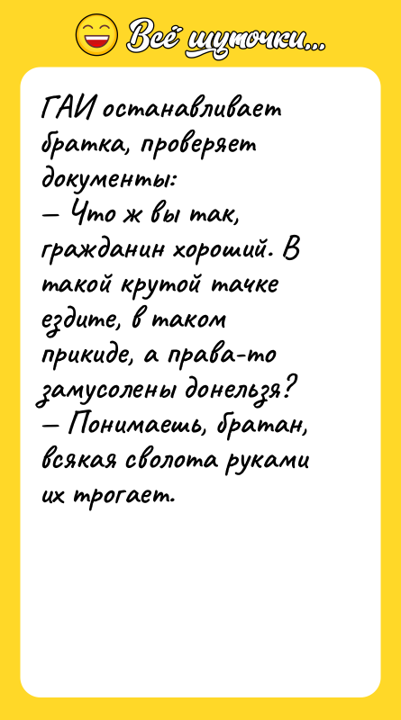ГАИ останавливает братка, проверяет документы: — Что ж вы так,