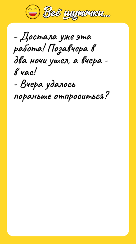 - Достала уже эта работа! Позавчера в два ночи ушел,