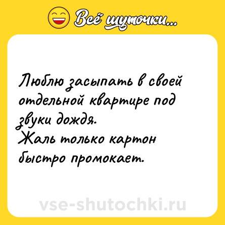 Шутка: Люблю засыпать в своей отдельной квартире под звуки дождя.<br>Жаль только картон быстро промокает.