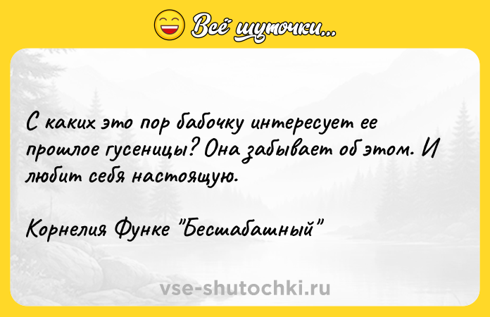 Цитата: С каких это пор бабочку интересует ее прошлое гусеницы? Она забывает об этом. И любит себя настоящую.Корнелия Функе Бесшабашный