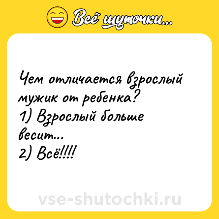 Шутка: Чем отличается взрослый мужик от ребенка?<br>1) Взрослый больше весит...<br>2) Всё!!!!