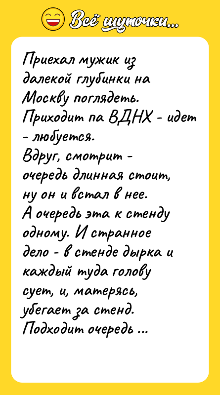 Приехал мужик из далекой глубинки на Москву поглядеть. Приходит па