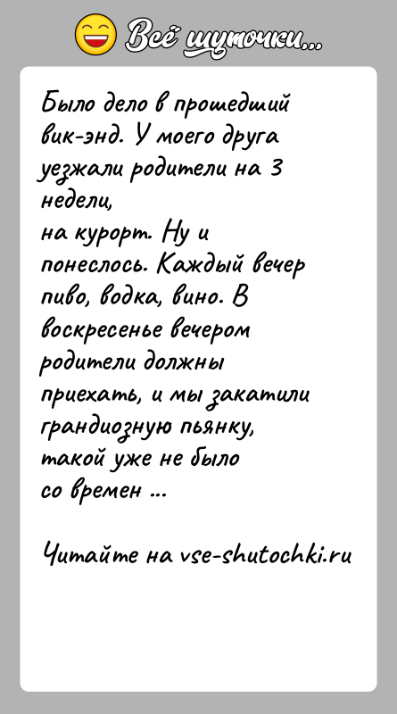 История: Было дело в прошедший вик-энд. У моего друга уезжали родители на 3 недели,на курорт. Ну и понеслось. Каждый вечер пиво,