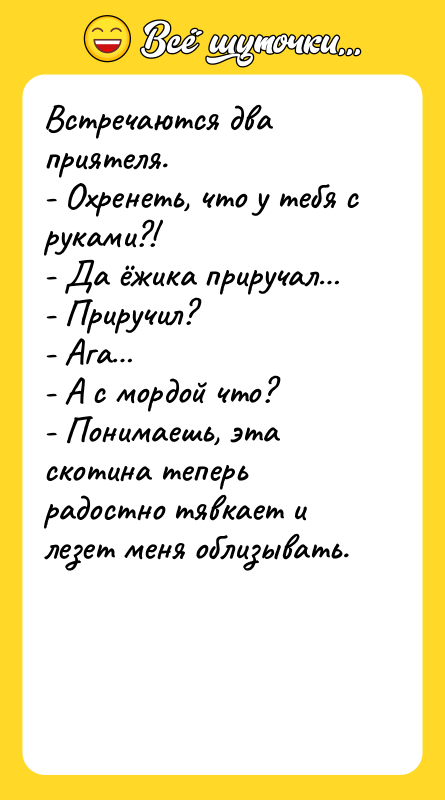 Встречаются два приятеля.   - Оxpенеть, что у тебя