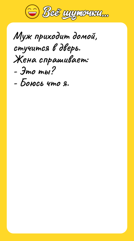 Муж приходит домой, стучится в дверь.  Жена спрашивает: 