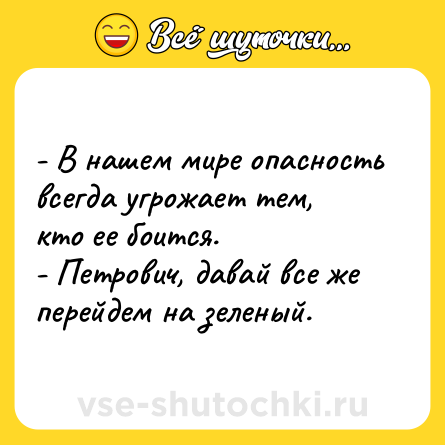 Шутка: - В нашем мире опасность всегда угрожает тем, кто ее боится.<br>- Петрович, давай все же перейдем на зеленый.