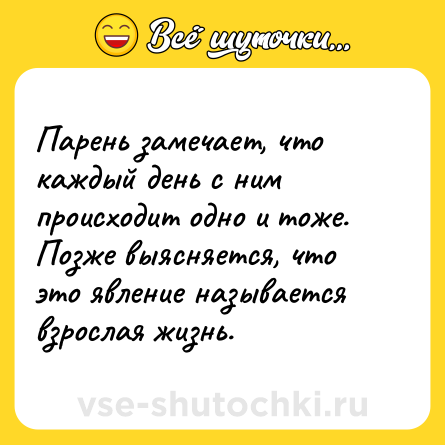 Шутка: Парень замечает, что каждый день с ним происходит одно и тоже. <br>Позже выясняется, что это явление называется взрослая жизнь.