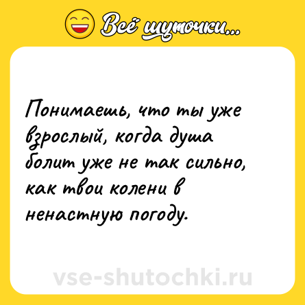 Шутка: Понимаешь, что ты уже взрослый, когда душа болит уже не так сильно, как твои колени в ненастную погоду.