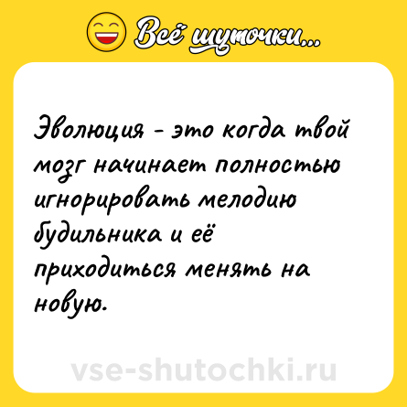 Шутка: Эволюция - это когда твой мозг начинает полностью игнорировать мелодию будильника и её приходиться менять на новую.