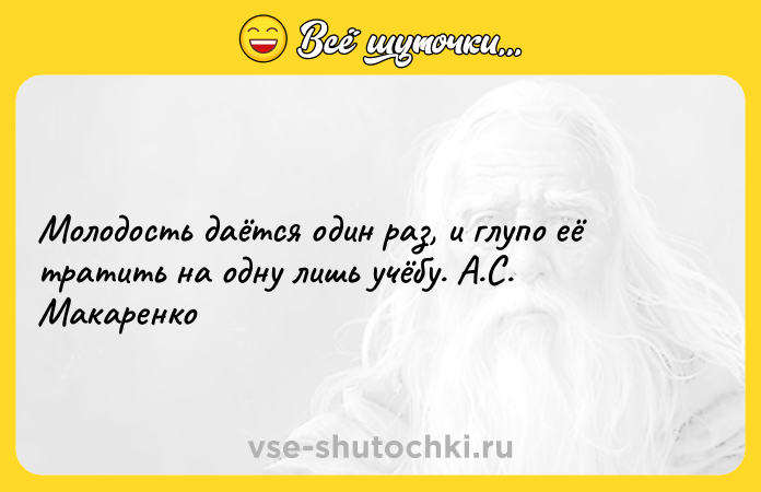 Цитата: Молодость даётся один раз, и глупо её тратить на одну лишь учёбу. А.С. Макаренко