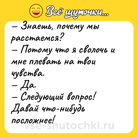 Шутка: — Знаешь, почему мы расстаемся?<br>— Потому что я сволочь и мне плевать на твои чувства.<br>— Да.<br>— Следующий вопрос! Давай что-нибудь посложнее!