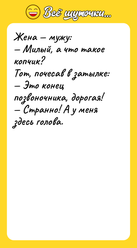 Жена мужу: Милый, а что такое копчик? Тот,