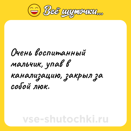 Шутка: Очень воспитанный мальчик, упав в канализацию, закрыл за собой люк.