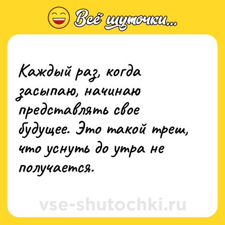 Шутка: Каждый раз, когда засыпаю, начинаю представлять свое будущее. Это такой треш, что уснуть до утра не получается.