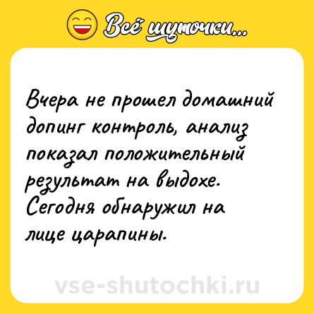 Шутка: Вчера не прошел домашний допинг контроль, анализ показал положительный результат на выдохе. Сегодня обнаружил на лице царапины.