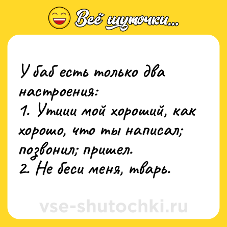 Шутка: У баб есть только два настроения: <br>1. Утиии мой хороший, как хорошо, что ты написал; позвонил; пришел. <br>2. Не беси меня, тварь.