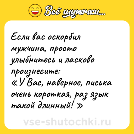 Шутка: Если вас оскорбил мужчина, просто улыбнитесь и ласково произнесите:<br>«У Вас, наверное, писька очень короткая, раз язык такой длинный! »