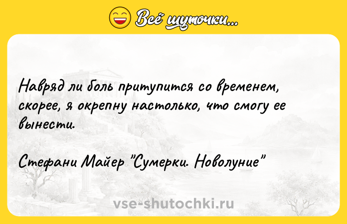 Цитата: Навряд ли боль притупится со временем, скорее, я окрепну настолько, что смогу ее вынести.Стефани Майер Сумерки. Новолуние