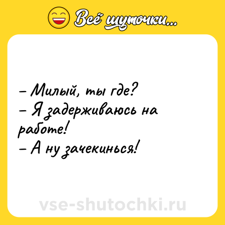 Шутка: – Милый, ты где?<br>– Я задерживаюсь на работе!<br>– А ну зачекинься!