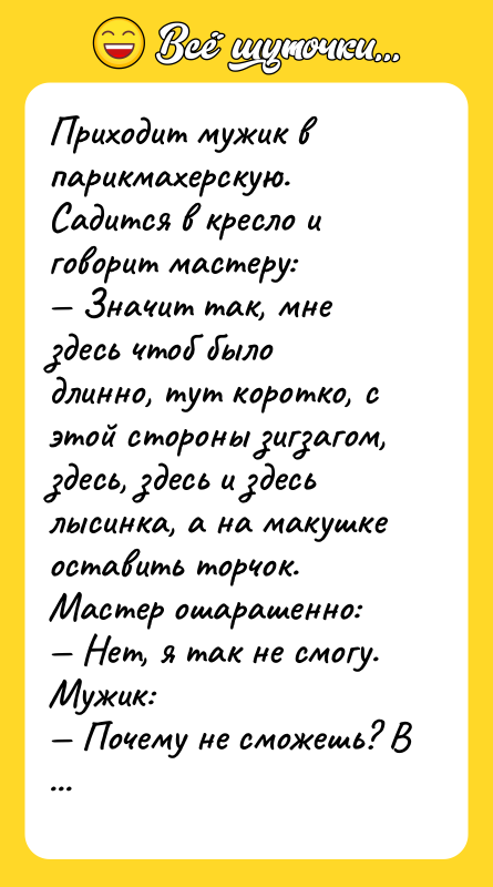 Приходит мужик в парикмахерскую. Садится в кресло и говорит мастеру: